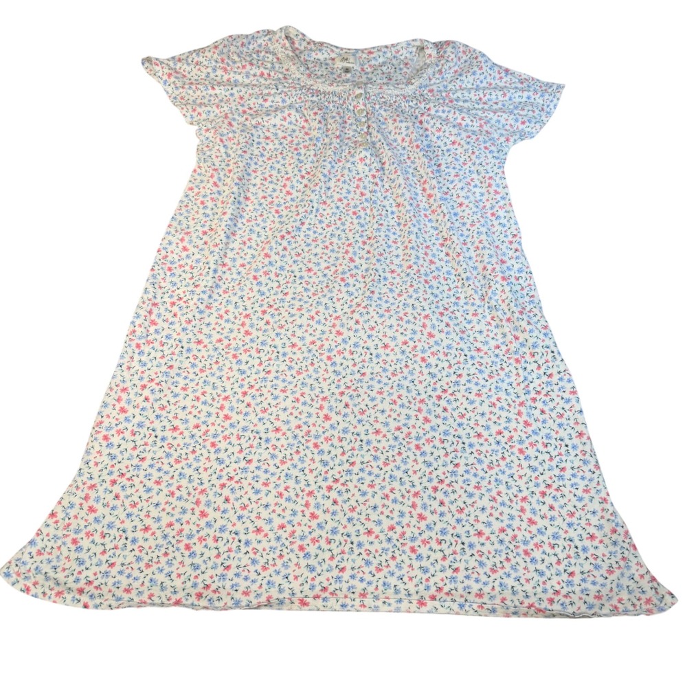 Aria Collection Womens Floral Nightgown White Pink Blue Cotton Lace Trim Size M